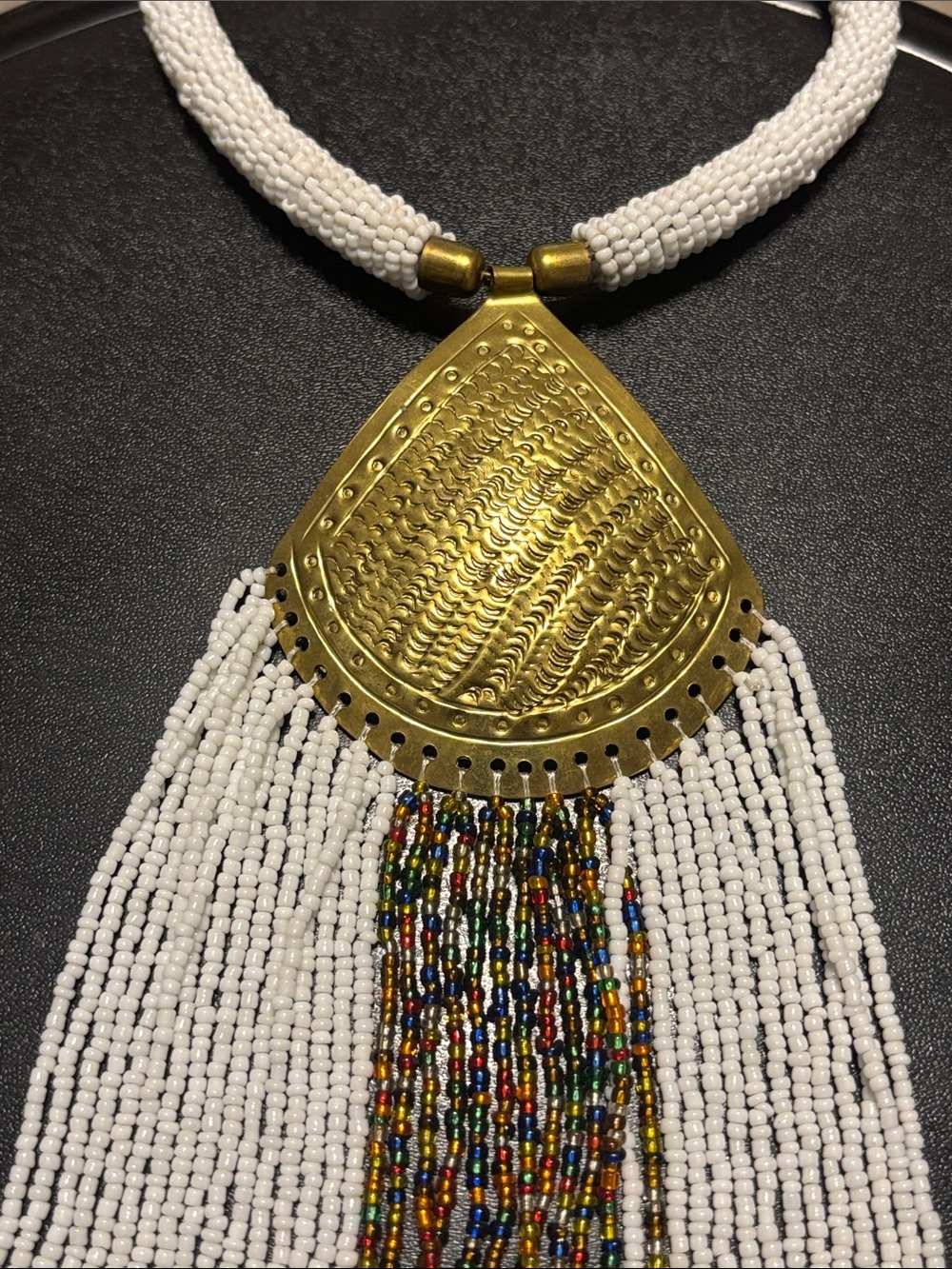 Statement Choker Collar White Beaded Necklace Brass Pendant With Tassels Fringe